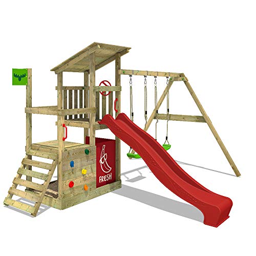 FATMOOSE-Aire-de-Jeux-FruityForest-Fun-XXL-portique-en-Bois-avec-balancoire-et-Toboggan-Tour-descalade-pour-Enfants-avec-bac-a-Sable-echelle-et-Accessoires-de-Jeu-pour-Le-Jardin-0