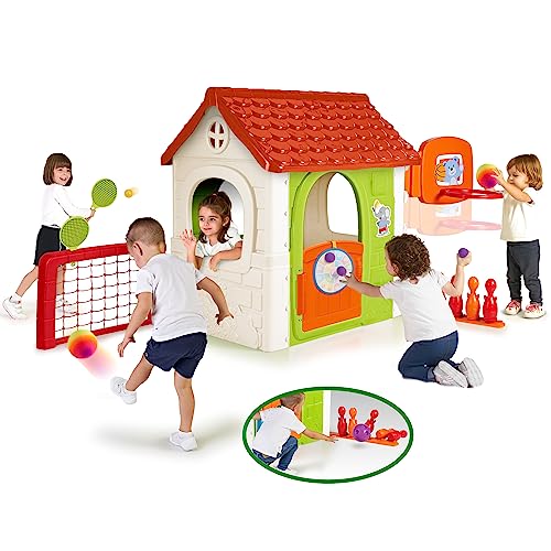FEBER-6-en-1-Maison-dactivite-Maison-de-Jeux-pour-Enfant-Jeux-Inclus-Tennis-Football-Basket-Ball-Le-Bowling-et-Cible-a-Partir-de-3-Ans-0