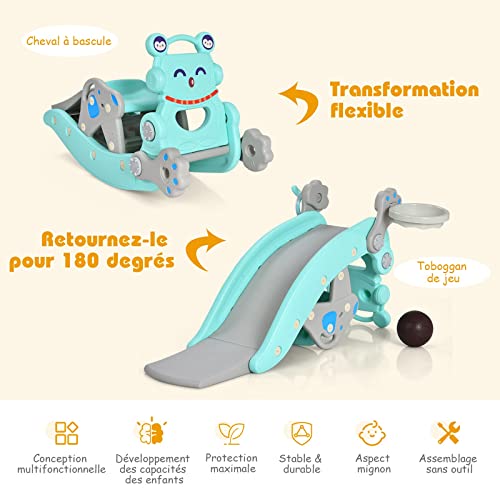 GOPLUS-4-en-1-Toboggan-et-Cheval-a-Bascule-Multifonctionel-avec-Panier-de-Basket-Jeu-de-Lancer-dAnneaux-pour-Enfants-avec-Siege-Amovible-Convient-a-Maternelle-Chambre-dEnfant-0-2