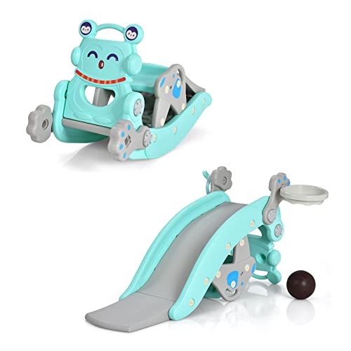 GOPLUS-4-en-1-Toboggan-et-Cheval-a-Bascule-Multifonctionel-avec-Panier-de-Basket-Jeu-de-Lancer-dAnneaux-pour-Enfants-avec-Siege-Amovible-Convient-a-Maternelle-Chambre-dEnfant-0