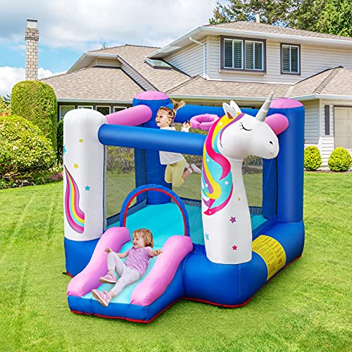 DREAMADE-Chateau-Gonflable-pour-Enfants-3-10-Ans-en-Forme-de-Licorne-2-en-1-Aire-de-Jeux-Gonflable-avec-Toboggan-Trampoline-et-Panier-200-X-270-X-196-CM-0-0