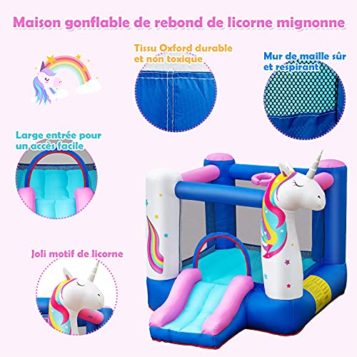 DREAMADE-Chateau-Gonflable-pour-Enfants-3-10-Ans-en-Forme-de-Licorne-2-en-1-Aire-de-Jeux-Gonflable-avec-Toboggan-Trampoline-et-Panier-200-X-270-X-196-CM-0-1