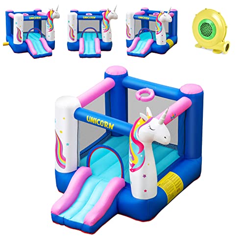 DREAMADE-Chateau-Gonflable-pour-Enfants-3-10-Ans-en-Forme-de-Licorne-2-en-1-Aire-de-Jeux-Gonflable-avec-Toboggan-Trampoline-et-Panier-200-X-270-X-196-CM-0