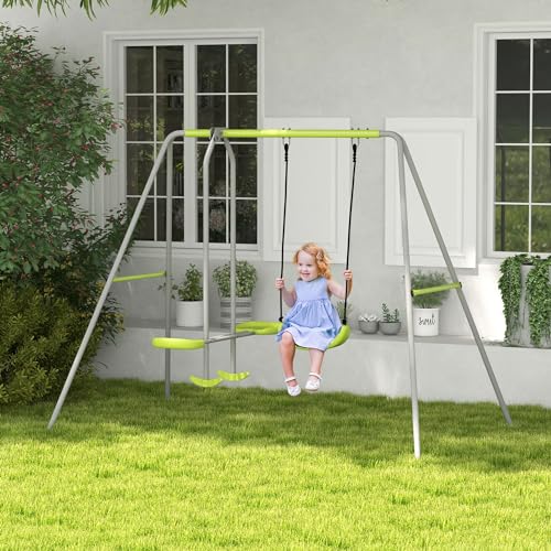 Outsunny-2-en-1-balancoire-portique-Enfant-avec-1-siege-de-balancoire-et-1-Face-a-Face-balancoire-pour-Enfant-de-3-a-8-Ans-255-x-160-x-180-cm-Charge-Max-135-kg-Structure-en-metal-Vert-Gris-0-0