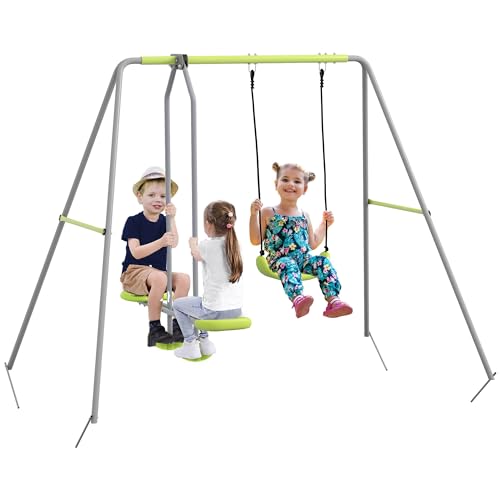 Outsunny-2-en-1-balancoire-portique-Enfant-avec-1-siege-de-balancoire-et-1-Face-a-Face-balancoire-pour-Enfant-de-3-a-8-Ans-255-x-160-x-180-cm-Charge-Max-135-kg-Structure-en-metal-Vert-Gris-0