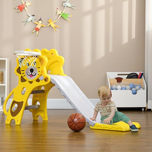 AIYAPLAY-Toboggan-Enfant-Panier-Basket-pour-Enfant-18-a-36-Mois-Usage-interieur-exterieur-Charge-Max-25KG-dim-131L-x-50l-x-74H-cm-Ballon-Pompe-incluses-HDPE-Jaune-Gris-0-0