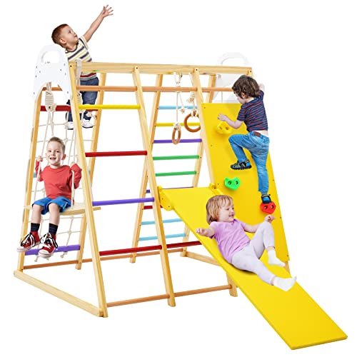 COSTWAY-6-en-1-Triangle-descalade-en-Bois-Enfants-avec-Toboggan-Zone-Tampon-Aire-de-Jeu-dEscalade-Interieur-avec-Filet-Echelle-pour-Grimper-Charge-60kg-pour-Tout-Petits-de-1-an-0
