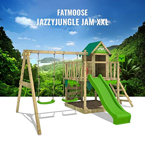 FATMOOSE-Aire-de-Jeux-JazzyJungle-Jam-XXL-portique-en-Bois-avec-balancoire-et-Toboggan-Tour-descalade-pour-Enfants-avec-bac-a-Sable-echelle-et-Accessoires-de-Jeu-pour-Le-Jardin-0-2