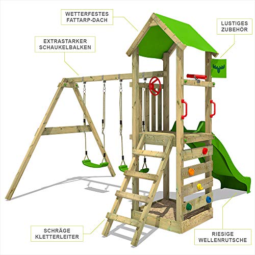 FATMOOSE-Aire-de-Jeux-KiwiKey-Kick-XXL-avec-Balancoire-Toboggan-Double-Vague-Bac-a-Sable-Echelles-descalade-Volant-StreetPilot-Telescope-SpecialSpy-en-Bois-Massif-Impregne-pour-Jardin-Pomme-0-0