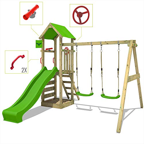 FATMOOSE-Aire-de-Jeux-KiwiKey-Kick-XXL-avec-Balancoire-Toboggan-Double-Vague-Bac-a-Sable-Echelles-descalade-Volant-StreetPilot-Telescope-SpecialSpy-en-Bois-Massif-Impregne-pour-Jardin-Pomme-0-1