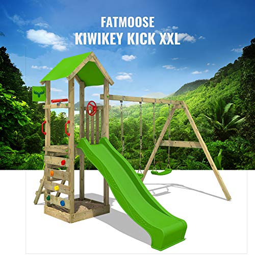 FATMOOSE-Aire-de-Jeux-KiwiKey-Kick-XXL-avec-Balancoire-Toboggan-Double-Vague-Bac-a-Sable-Echelles-descalade-Volant-StreetPilot-Telescope-SpecialSpy-en-Bois-Massif-Impregne-pour-Jardin-Pomme-0-2
