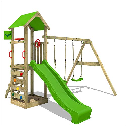 FATMOOSE-Aire-de-Jeux-KiwiKey-Kick-XXL-avec-Balancoire-Toboggan-Double-Vague-Bac-a-Sable-Echelles-descalade-Volant-StreetPilot-Telescope-SpecialSpy-en-Bois-Massif-Impregne-pour-Jardin-Pomme-0