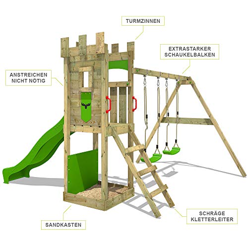 FATMOOSE-Aire-de-Jeux-Portique-Bois-TreasureTower-avec-balancoire-et-Toboggan-Maison-Enfant-Exterieur-avec-bac-a-Sable-echelle-descalade-Accessoires-de-Jeux-0-0