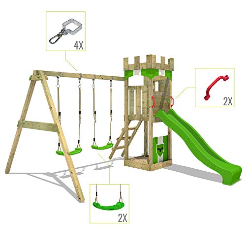 FATMOOSE-Aire-de-Jeux-Portique-Bois-TreasureTower-avec-balancoire-et-Toboggan-Maison-Enfant-Exterieur-avec-bac-a-Sable-echelle-descalade-Accessoires-de-Jeux-0-1