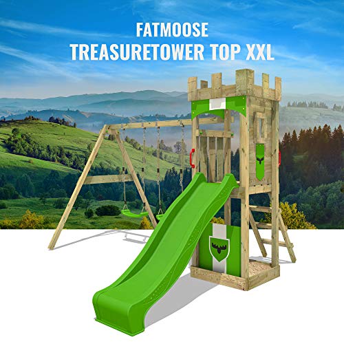 FATMOOSE-Aire-de-Jeux-Portique-Bois-TreasureTower-avec-balancoire-et-Toboggan-Maison-Enfant-Exterieur-avec-bac-a-Sable-echelle-descalade-Accessoires-de-Jeux-0-2