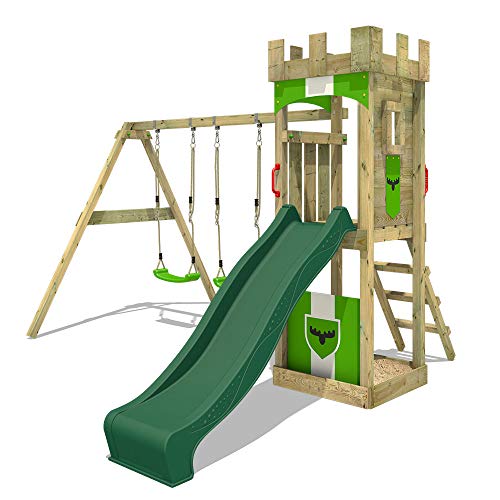 FATMOOSE-Aire-de-Jeux-Portique-Bois-TreasureTower-avec-balancoire-et-Toboggan-Maison-Enfant-Exterieur-avec-bac-a-Sable-echelle-descalade-Accessoires-de-Jeux-0