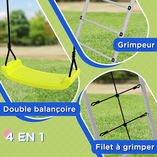 Outsunny-4-en-1-balancoire-portique-pour-Enfant-avec-2-siege-de-balancoire-echelle-grimpeuse-et-Filet-descalade-Structure-metallique-balancoire-de-Jardin-Charge-Max-180-kg-Vert-0-2