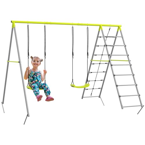 Outsunny-4-en-1-balancoire-portique-pour-Enfant-avec-2-siege-de-balancoire-echelle-grimpeuse-et-Filet-descalade-Structure-metallique-balancoire-de-Jardin-Charge-Max-180-kg-Vert-0