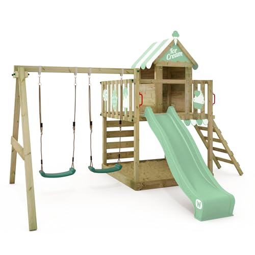 WICKEY-Aire-de-Jeux-Smart-Candy-portique-en-Bois-avec-bache-balancoire-et-Toboggan-Tour-descalade-pour-Enfants-avec-bac-a-Sable-echelle-et-Accessoires-de-Jeu-pour-Le-Jardin-Vert-Pastel-0