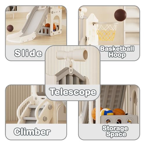KORIMEFA-Toboggan-pour-Enfants-5-en-1-Toboggan-Amusant-avec-Panier-de-Basket-Echelle-descalade-Aire-de-Jeux-dExterieur-et-lInterieur-pour-bebe-0-0