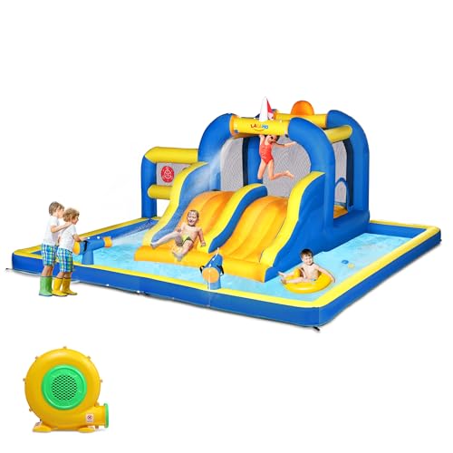 LEADZM-Chateau-Gonflable-pour-Enfants-avec-Souffleur-Parc-Dattractions-Gonflable-avec-Double-Toboggan-Zone-De-Saut-Cible-Pistolet-A-Eau-Charge-Maximale-150-kg-470x472x225-cm-0