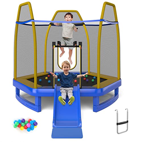 COSTWAY-Trampoline-Exterieur-O-223cm-Enfants-avec-Toboggan-Echelle-Trampoline-de-Jardin-Rond-avec-Filet-de-Securite-20-Balles-2-Portes-en-U-Charge-270kg-pour-2-3-Enfants-de-3-Ans-0