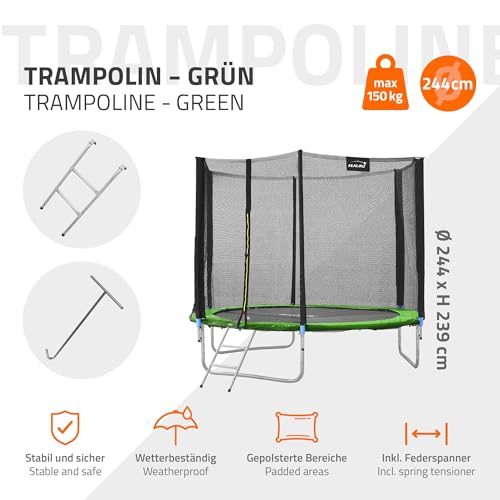 Hauki-Trampoline-dExterieur-O183244305366427-cm-BleuVert-Certifie-GS-Trampoline-Rond-jusqua-150-kg-Set-Complet-avec-Filet-de-Securite-Echelle-Couverture-du-Bord-Barres-Rembourrees-0-0
