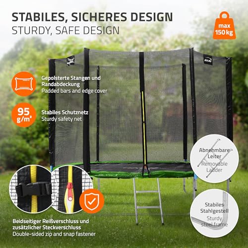 Hauki-Trampoline-dExterieur-O183244305366427-cm-BleuVert-Certifie-GS-Trampoline-Rond-jusqua-150-kg-Set-Complet-avec-Filet-de-Securite-Echelle-Couverture-du-Bord-Barres-Rembourrees-0-1