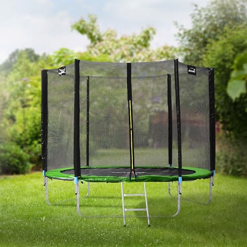 Hauki-Trampoline-dExterieur-O183244305366427-cm-BleuVert-Certifie-GS-Trampoline-Rond-jusqua-150-kg-Set-Complet-avec-Filet-de-Securite-Echelle-Couverture-du-Bord-Barres-Rembourrees-0
