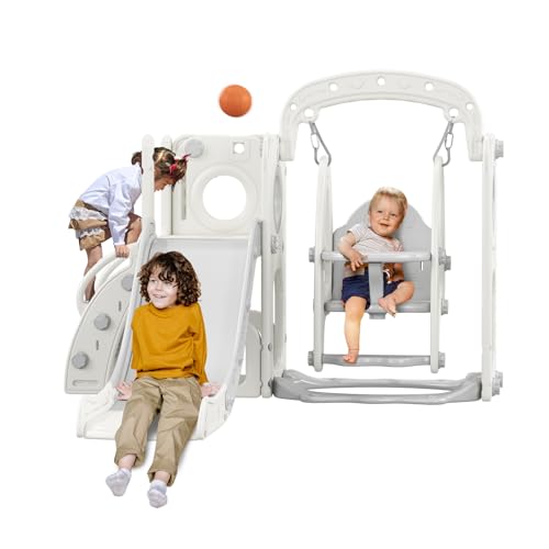 BanaSuper-Ensemble-de-Jeu-Toboggan-et-Balancoire-dinterieur-pour-Enfants-Ensemble-de-Toboggans-de-Jouets-dactivite-en-Plastique-pour-Tout-Petits-avec-Basket-Ball-Jouets-de-Developpement-Montessori-0