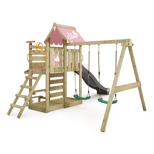 WICKEY-Aire-de-Jeux-VanillaFlyer-portique-en-Bois-avec-bache-balancoire-et-Toboggan-Tour-descalade-pour-Enfants-avec-bac-a-Sable-echelle-et-Accessoires-de-Jeu-pour-Le-Jardin-Rose-Pastel-0-0
