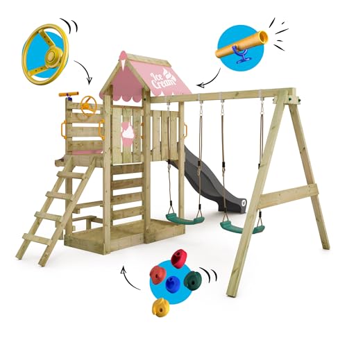 WICKEY-Aire-de-Jeux-VanillaFlyer-portique-en-Bois-avec-bache-balancoire-et-Toboggan-Tour-descalade-pour-Enfants-avec-bac-a-Sable-echelle-et-Accessoires-de-Jeu-pour-Le-Jardin-Rose-Pastel-0-2