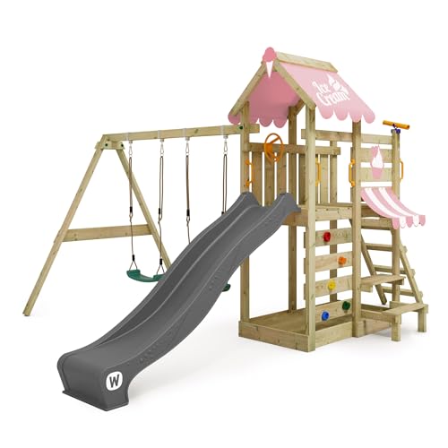 WICKEY-Aire-de-Jeux-VanillaFlyer-portique-en-Bois-avec-bache-balancoire-et-Toboggan-Tour-descalade-pour-Enfants-avec-bac-a-Sable-echelle-et-Accessoires-de-Jeu-pour-Le-Jardin-Rose-Pastel-0