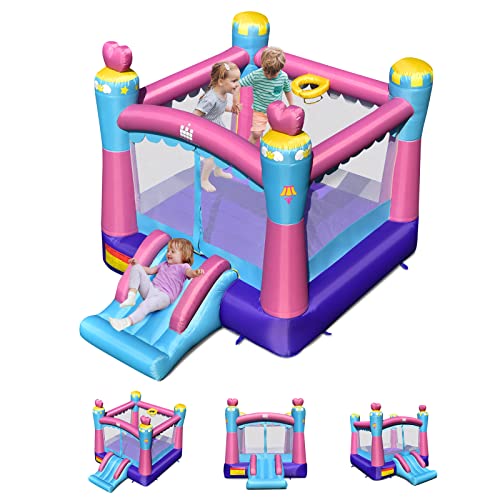 GOPLUS-Chateau-Gonflable-Princesse-avec-TobogganAire-de-Jeu-Gonflable-avec-Panier-de-Basket-Accessoires-Riches-pour-Enfants-de-3-a-10-Ans-Jusqua-135KG-265-x-334-x-250cm-sans-Souffleur-0