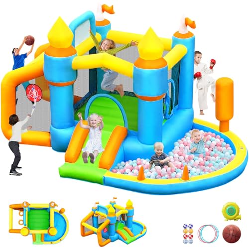 SportBob-Chateau-Gonflable-pour-Enfants-Exterieur-Interieur-avec-Soufflerie-Toboggan-Piscine-a-Balles-Saut-Terrain-de-Football-et-Panier-de-Basket-Adapte-aux-Enfants-de-3-a-8-Ans-385258220-cm-0