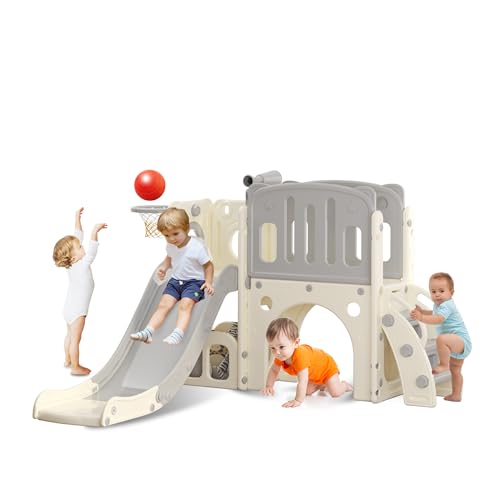 hoopyosms-Toboggan-pour-Tout-Petits-avec-Echelle-descalade-Panier-de-Basket-et-Tunnel-Ensemble-de-Toboggan-en-Plastique-pour-Enfants-Jouets-daire-de-Jeux-Montessori-0