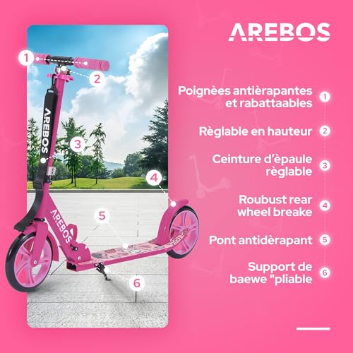 Arebos-Scooter-a-pedales-rose-trottinette-reglable-en-hauteur-pliable-avec-sangle-de-transport-roues-XXL-frein-a-pedale-pour-enfants-et-adultes-capacite-de-charge-jusqua-100-kg-0-0