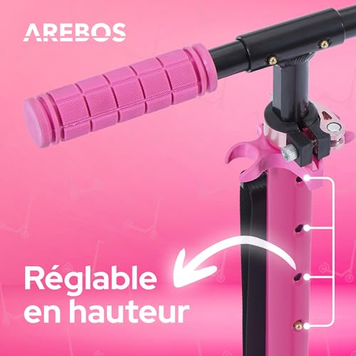 Arebos-Scooter-a-pedales-rose-trottinette-reglable-en-hauteur-pliable-avec-sangle-de-transport-roues-XXL-frein-a-pedale-pour-enfants-et-adultes-capacite-de-charge-jusqua-100-kg-0-2