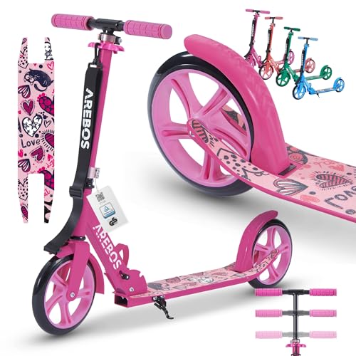 Arebos-Scooter-a-pedales-rose-trottinette-reglable-en-hauteur-pliable-avec-sangle-de-transport-roues-XXL-frein-a-pedale-pour-enfants-et-adultes-capacite-de-charge-jusqua-100-kg-0