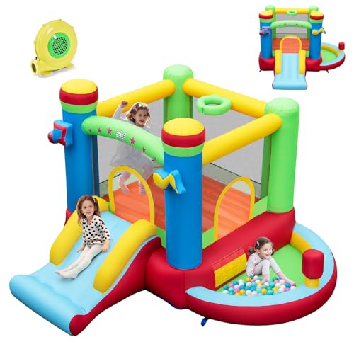COSTWAY-5-en-1-Chateau-Gonflable-Musical-avec-Toboggan-Maison-de-Saut-Aire-de-Jeux-Gonflable-avec-Piscine-Panier-de-Basket-Boxe-0