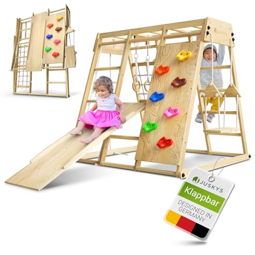 Juskys-Structure-descalade-pour-Enfants-Aire-de-Jeux-interieure-avec-Toboggan-Mur-descalade-Filet-a-Grimper-Tour-descalade-Pliable-en-Bois-Sport-dans-la-Chambre-denfant-0