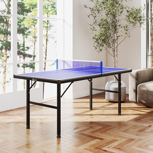 SPORTNOW-Mini-Table-de-ping-Pong-153x76cm-avec-Plateau-traite-UV-Table-Pliante-pour-interieur-et-exterieur-Table-de-Tennis-de-Table-avec-Pieds-reglables-Filet-et-5-Pieds-Bleu-0-0