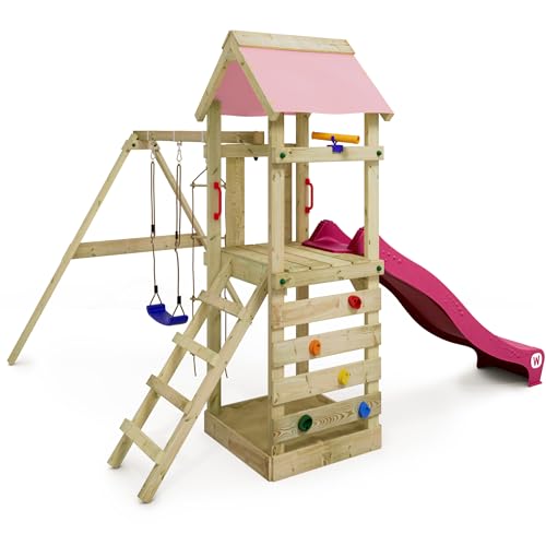WICKEY-Aire-de-Jeux-FreeFlyer-portique-en-Bois-avec-balancoire-et-Toboggan-Tour-descalade-pour-Enfants-avec-bac-a-Sable-echelle-et-Accessoires-de-Jeu-pour-Le-Jardin-Rose-Pastel-0-0