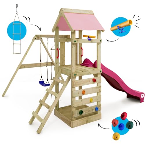 WICKEY-Aire-de-Jeux-FreeFlyer-portique-en-Bois-avec-balancoire-et-Toboggan-Tour-descalade-pour-Enfants-avec-bac-a-Sable-echelle-et-Accessoires-de-Jeu-pour-Le-Jardin-Rose-Pastel-0-2
