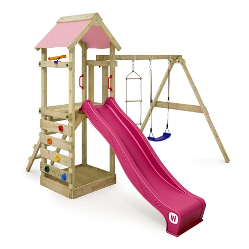WICKEY-Aire-de-Jeux-FreeFlyer-portique-en-Bois-avec-balancoire-et-Toboggan-Tour-descalade-pour-Enfants-avec-bac-a-Sable-echelle-et-Accessoires-de-Jeu-pour-Le-Jardin-Rose-Pastel-0