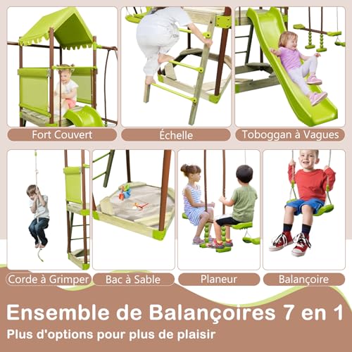 COSTWAY-7-en-1-Aire-de-Jeux-Portique-en-Bois-avec-Toboggan-Balancoire-Reglable-Tour-descalade-avec-Cabane-Couverte-Echelle-Bac-a-Sable-Cadre-en-Metal-pour-Jardin-pour-Enfant-de-3-12-Ans-0-0