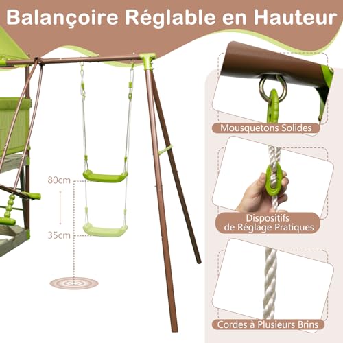 COSTWAY-7-en-1-Aire-de-Jeux-Portique-en-Bois-avec-Toboggan-Balancoire-Reglable-Tour-descalade-avec-Cabane-Couverte-Echelle-Bac-a-Sable-Cadre-en-Metal-pour-Jardin-pour-Enfant-de-3-12-Ans-0-1