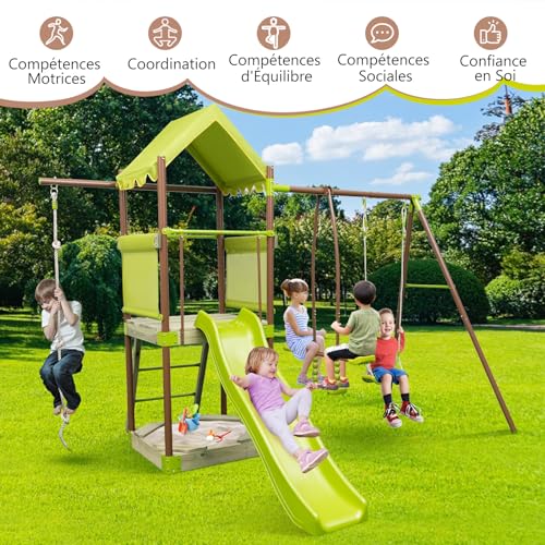 COSTWAY-7-en-1-Aire-de-Jeux-Portique-en-Bois-avec-Toboggan-Balancoire-Reglable-Tour-descalade-avec-Cabane-Couverte-Echelle-Bac-a-Sable-Cadre-en-Metal-pour-Jardin-pour-Enfant-de-3-12-Ans-0-2