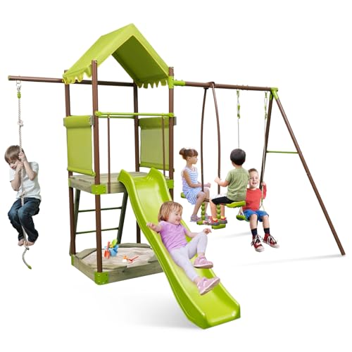 COSTWAY-7-en-1-Aire-de-Jeux-Portique-en-Bois-avec-Toboggan-Balancoire-Reglable-Tour-descalade-avec-Cabane-Couverte-Echelle-Bac-a-Sable-Cadre-en-Metal-pour-Jardin-pour-Enfant-de-3-12-Ans-0