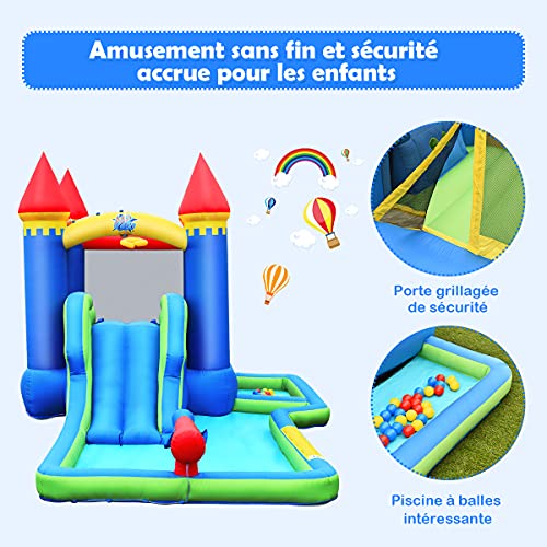 COSTWAY-7-en-1-Chateau-Gonflable-avec-Souffleur-450W-Toboggan-Aire-de-Jeux-Gonflable-avec-Canon-a-Eau-Mur-dEscalade-Piscine-a-Balles-30-Boules-Charge-90kg-pour-2-Enfants-de-3-8-Ans-0-0